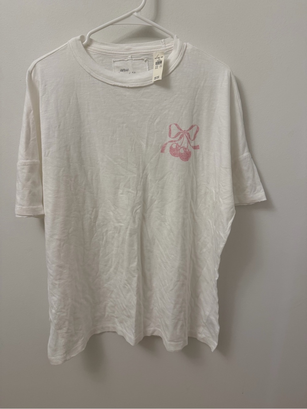 aerie White Short Sleeve Tee with Pink Cherry & Bow Graphic